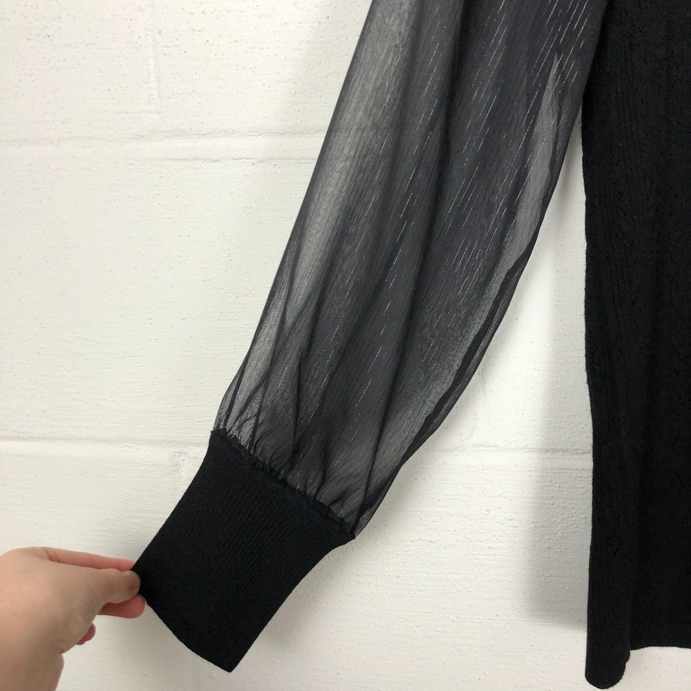 Talbots Womens Sheer Metallic Balloon Sleeve V-Neck Sweater Size L Black Holiday - Picture 6 of 11